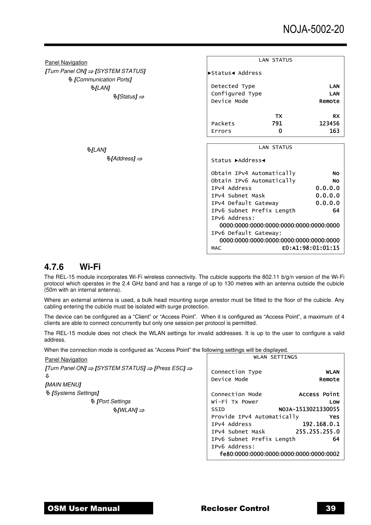 Página 39 del manual: pantallas LAN STATUS con Status y Address, y sección Wi-Fi